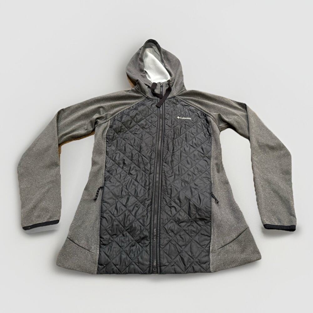 Columbia Womens Gray Black Hooded Puffer Full Zip Jacket Size M Medium AK0287